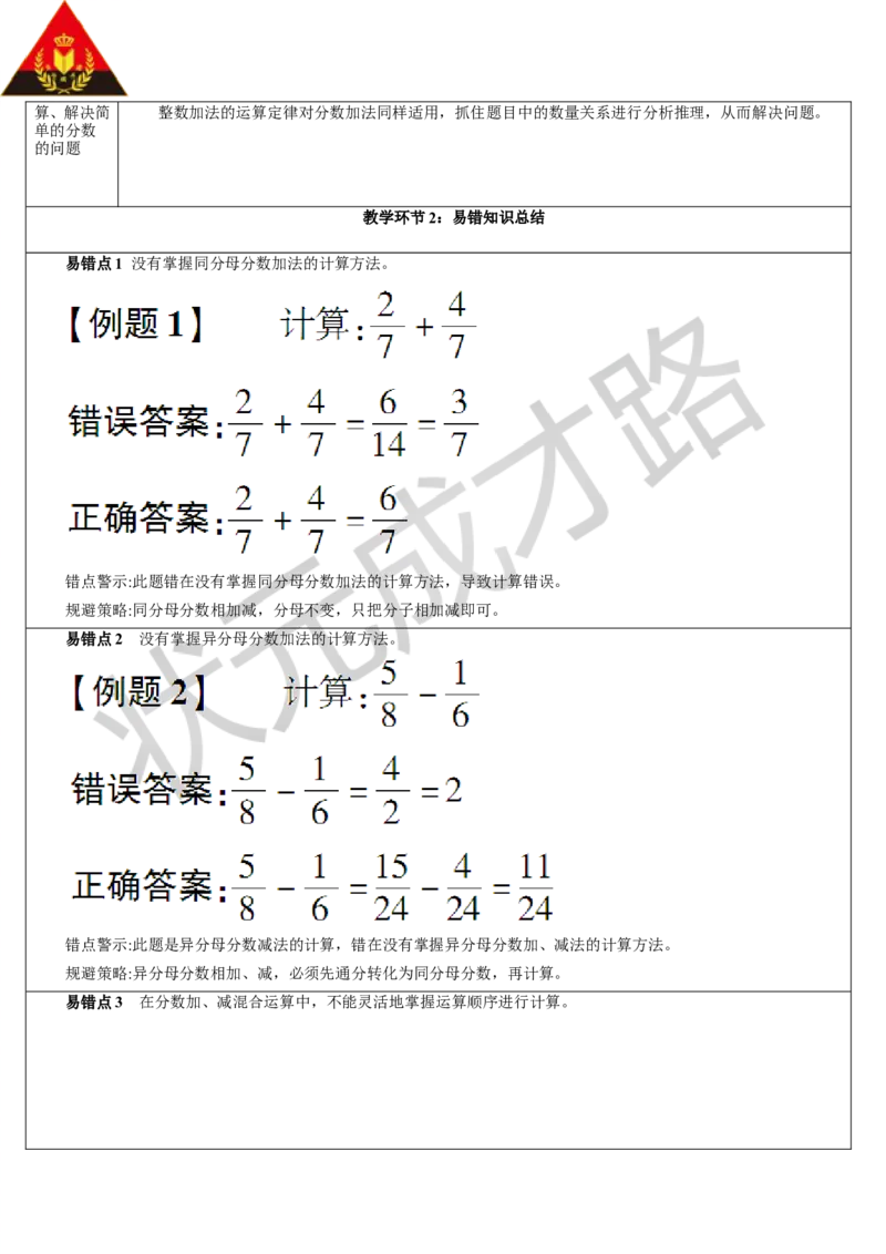 重点单元知识归纳与易错警示_1-6年级下册_R5数下新插图版_R5数下教案+学案_导学案_6分数的加法和减法