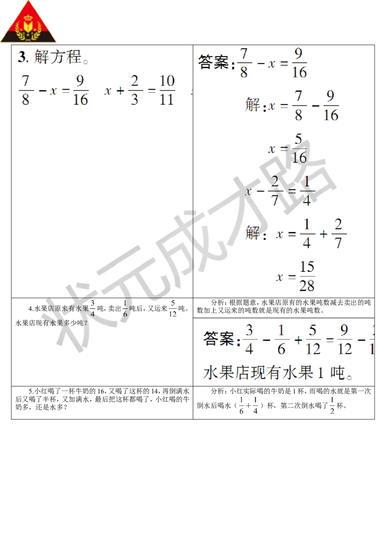 重点单元知识归纳与易错警示_1-6年级下册_R5数下新插图版_R5数下教案+学案_导学案_6分数的加法和减法