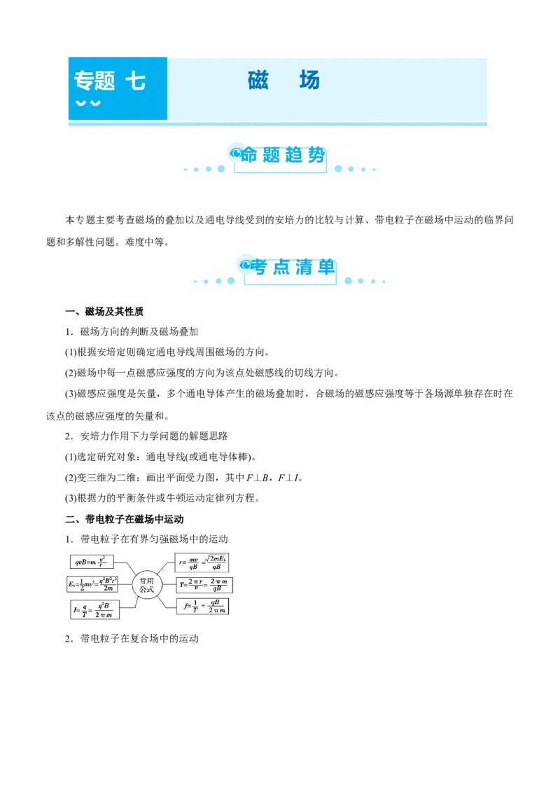 原创（新高考）2021届高考二轮精品专题七磁场教师版_新高考复习资料_2021年新高考资料_2021届（新高考）物理二轮精品专题_原创（新高考）2021届高考二轮精品专题七磁场