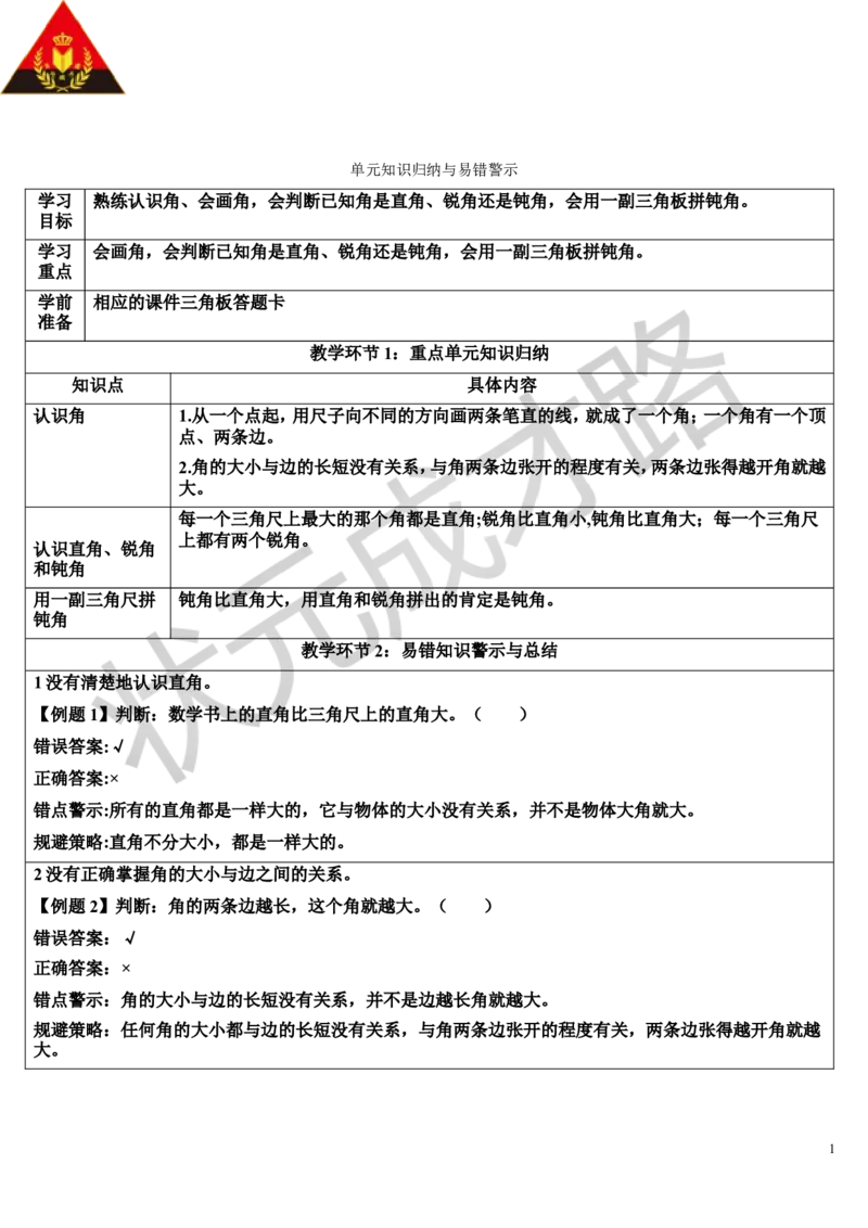 单元知识归纳与易错警示_1-6年级上册_数学2年级上册教学资源包（新教材2025秋）_旧教材课件_导学案新版_3角的初步认识