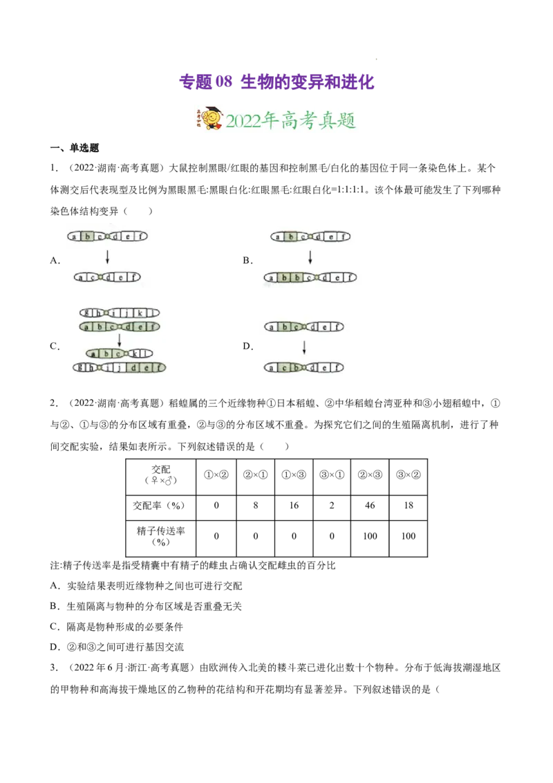 专题08生物的变异和进化-三年（2020-2022）高考真题生物分项汇编（全国通用）（原卷版）_高考真题分类汇编(2012-2022)生物_高考真题分项汇编(2020-2022)生物