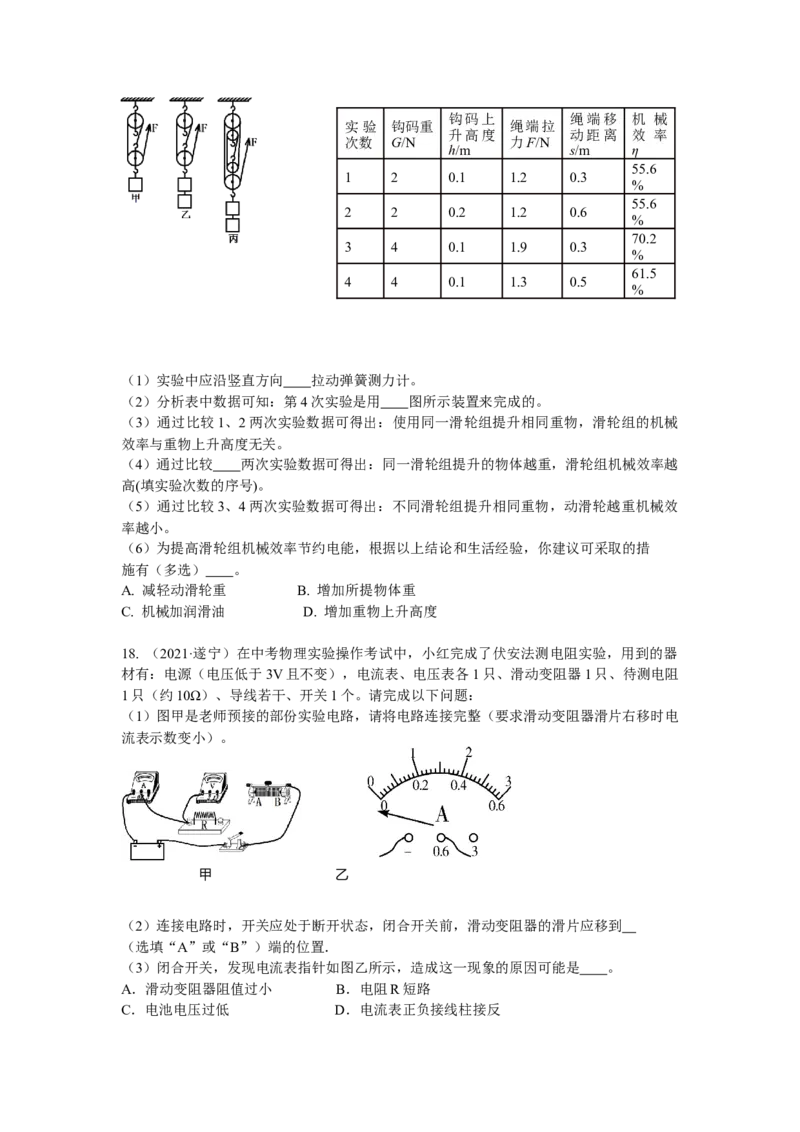 2021年四川省遂宁市中考物理真题(原卷版)_4.2015-2025年中考物理_2.物理中考真题2015-2024年_地区卷_四川省_四川遂宁物理16,19-22