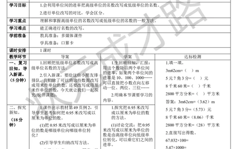 第2课时小数与单位换算（2）_1-6年级下册_R4数下新插图版_R4数下教案+学案_导学案_4小数的意义和性质_4.小数与单位换算