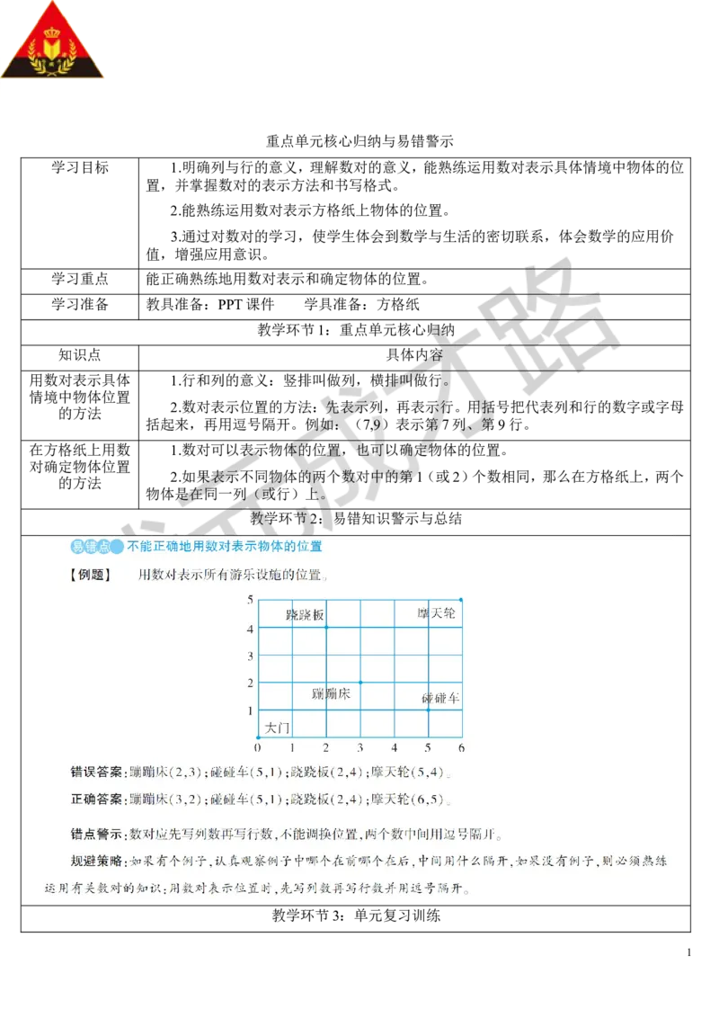 重点单元核心归纳与易错警示_1-6年级上册_数学5年级上册教学资源包_导学案新版_2位置