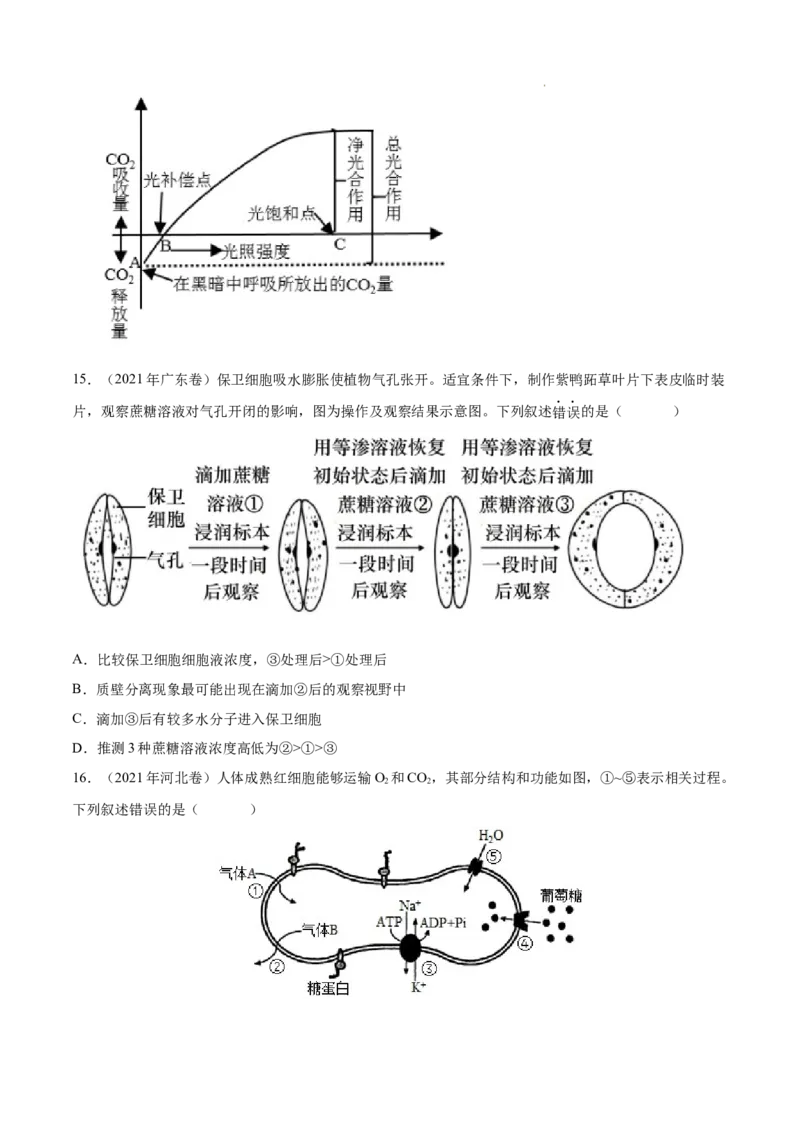 专题02细胞的物质运输、酶与ATP-三年（2020-2022）高考真题生物分项汇编（全国通用）（原卷版）_高考真题分类汇编(2012-2022)生物_高考真题分项汇编(2020-2022)生物