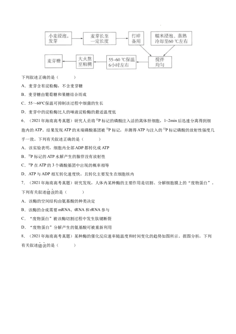 专题02细胞的物质运输、酶与ATP-三年（2020-2022）高考真题生物分项汇编（全国通用）（原卷版）_高考真题分类汇编(2012-2022)生物_高考真题分项汇编(2020-2022)生物