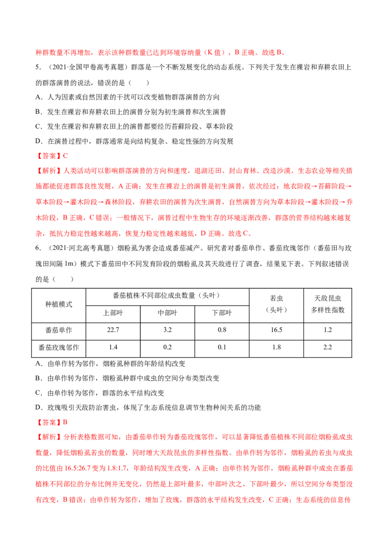 专题10种群和群落及生态系统-十年（2012-2021）高考生物真题分项汇编（全国通用）（解析版）_高考真题分类汇编(2012-2022)生物_高考真题分项汇编(2012-2021)生物