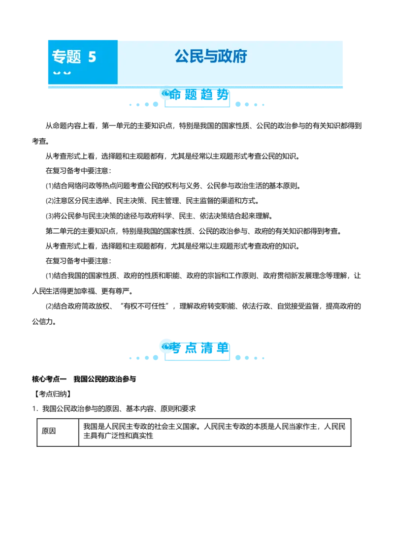 原创2021届高考二轮精品专题五公民与政府学生版_通用版（老高考）复习资料_2023年复习资料_一轮+二轮_原创2021届高考政治二轮精品专题