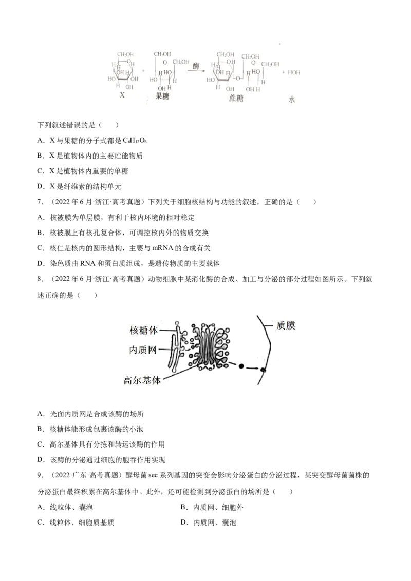 专题01细胞的分子组成以及结构和功能-三年（2020-2022）高考真题生物分项汇编（全国通用）（原卷版）_高考真题分类汇编(2012-2022)生物_高考真题分项汇编(2020-2022)生物