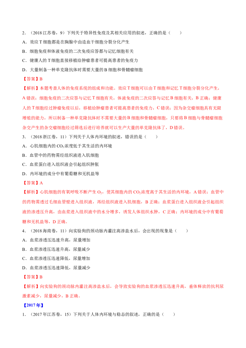 专题07内环境、稳态及免疫-十年（2012-2021）高考生物真题分项汇编（全国通用）（解析版）_高考真题分类汇编(2012-2022)生物_高考真题分项汇编(2012-2021)生物