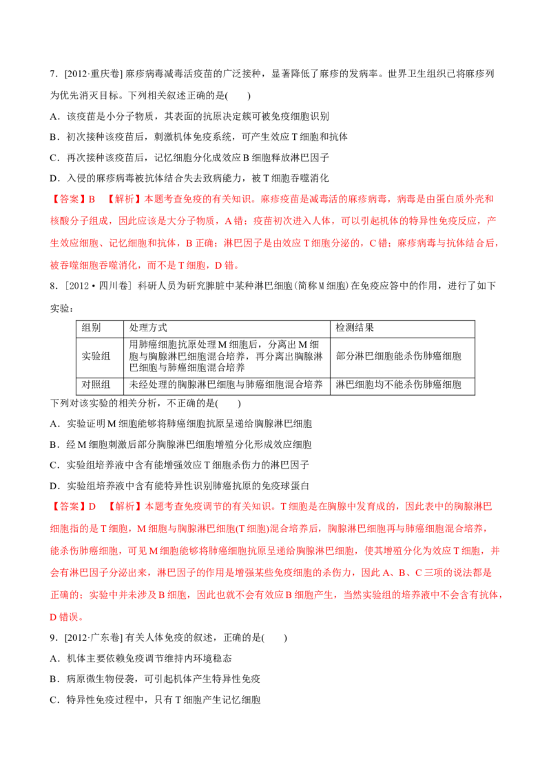 专题07内环境、稳态及免疫-十年（2012-2021）高考生物真题分项汇编（全国通用）（解析版）_高考真题分类汇编(2012-2022)生物_高考真题分项汇编(2012-2021)生物