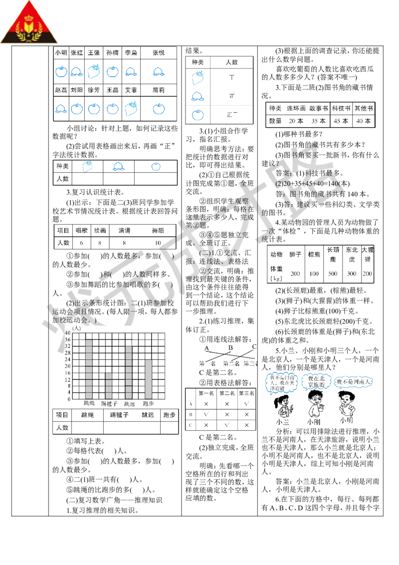 第4课时统计和数学广角&mdash;&mdash;推理_1-6年级下册_R2数下新插图版_旧教材资源_R2数下教案+学案_导学案_10总复习
