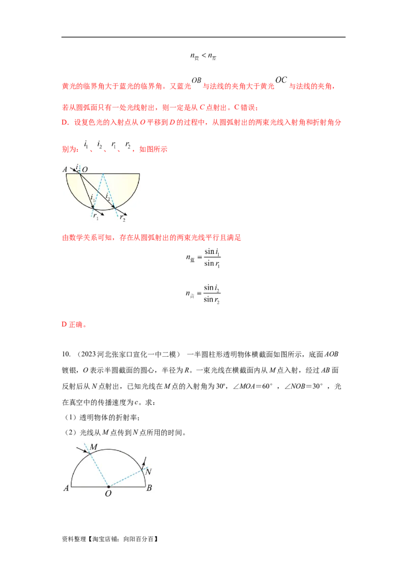 模型70光学+弧形玻璃砖模型（解析版）_新高考复习资料_2024新高考复习资料_二轮复习资料_2024高考物理二轮复习80模型最新模拟题专项训练_教师版（含答案解析）