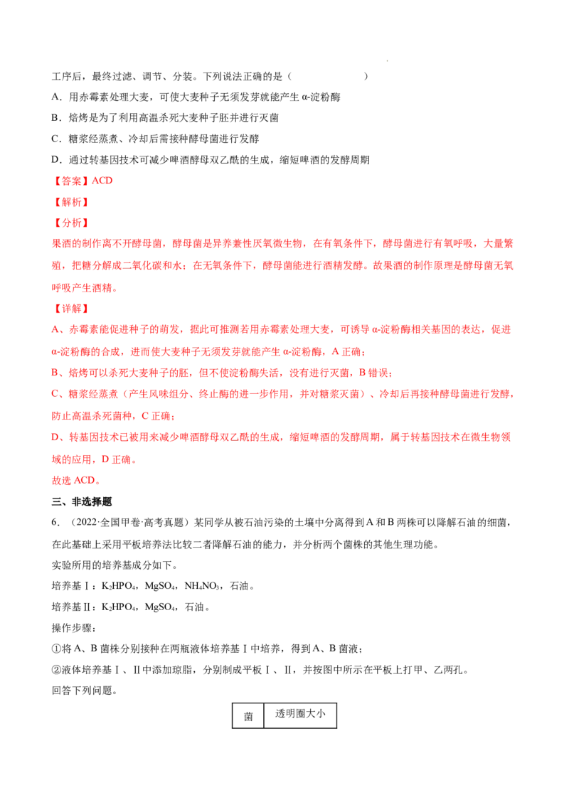 专题13发酵工程-三年（2020-2022）高考真题生物分项汇编（全国通用）（解析版）_高考真题分类汇编(2012-2022)生物_高考真题分项汇编(2020-2022)生物