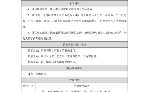 认识平面图形_认识平面图形_教学设计_小学数学人教版单独教案（1-6上下册）_《智慧教育教案》1-6上下册（25秋）_1-6下册_1年级下册（教案）2025春_2025春_第1单元认识平面图形