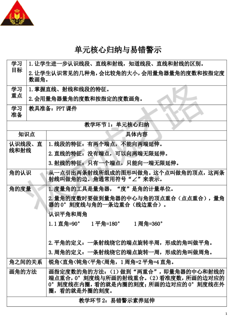 单元知识归纳与易错警示_1-6年级上册_数学4年级上册教学资源包_导学案新版_3角的度量