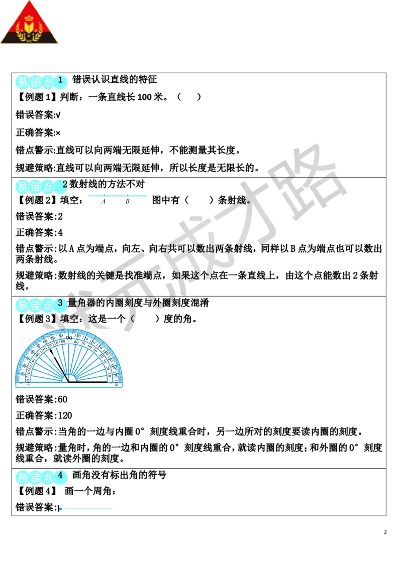 单元知识归纳与易错警示_1-6年级上册_数学4年级上册教学资源包_导学案新版_3角的度量