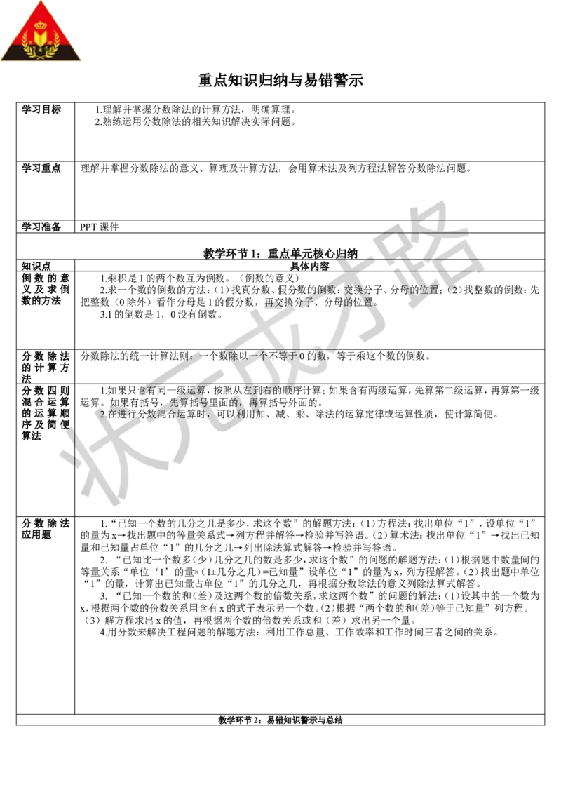 重点知识归纳与易错警示_1-6年级上册_数学6年级上册教学资源包_导学案新版_3分数除法