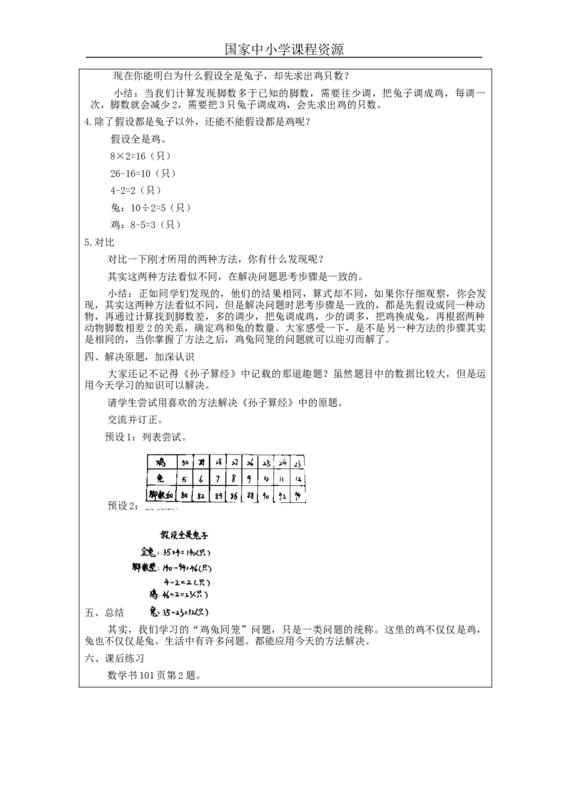 鸡兔同笼(第1课时)_教学设计_小学数学人教版单独教案（1-6上下册）_《智慧教育教案》1-6上下册（25秋）_1-6下册_4年级下册（教案）新插图_第9单元数学广角&mdash;鸡兔同笼