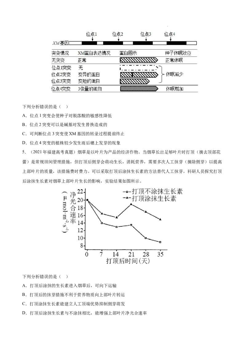 专题10植物生命活动的调节-三年（2020-2022）高考真题生物分项汇编（全国通用）（原卷版）_高考真题分类汇编(2012-2022)生物_高考真题分项汇编(2020-2022)生物