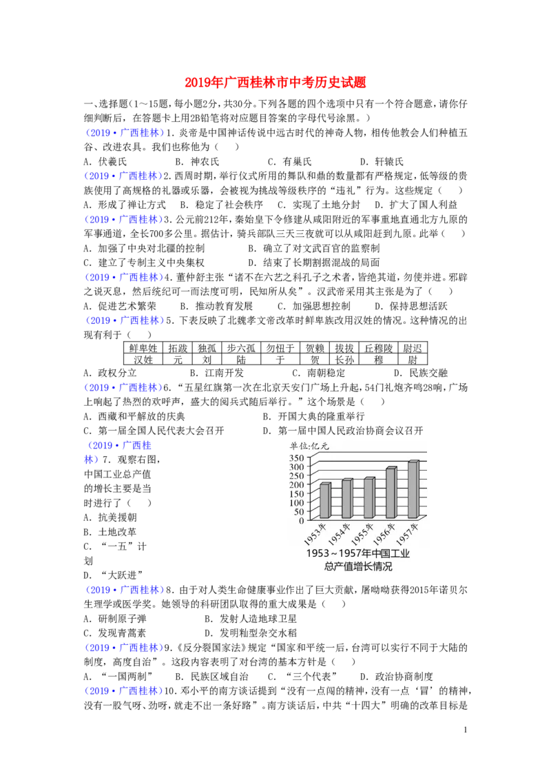 广西桂林市2019年中考历史真题试题_6.2015-2025年中考历史_2.历史中考真题2015-2024年_2019年全国中考历史170份