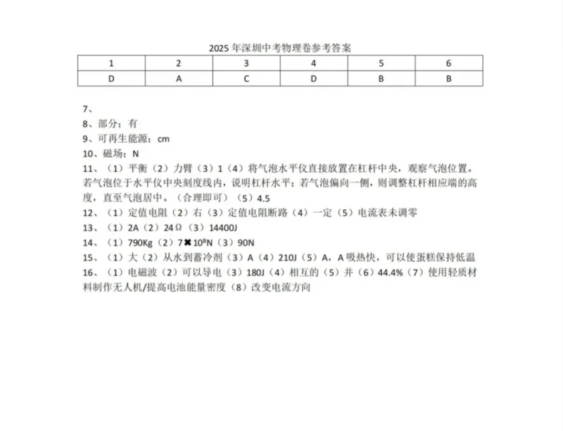 2025年深圳中考物理真题参考答案_4.2015-2025年中考物理_4.2025各省市物理_广东