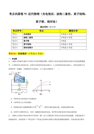 考点巩固卷79近代物理（光电效应、波粒二象性、原子结构、原子核、相对论）（原卷版）_新高考复习资料_2024新高考复习资料_一轮复习资料_考点巩固卷_热学、光学、近代物理
