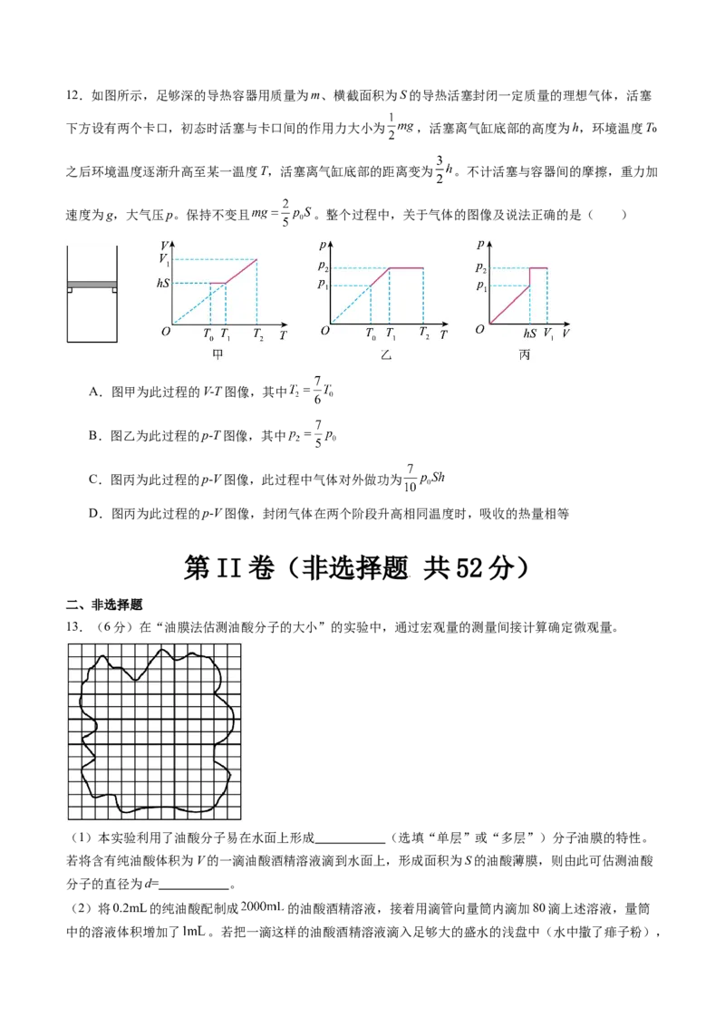 第十五章热学（测试）（原卷版）_新高考复习资料_2024新高考复习资料_一轮复习资料_2024年高考物理一轮复习讲练测（讲义+练习+课件）（新高考）_章节测试_第十五章热学（测试）