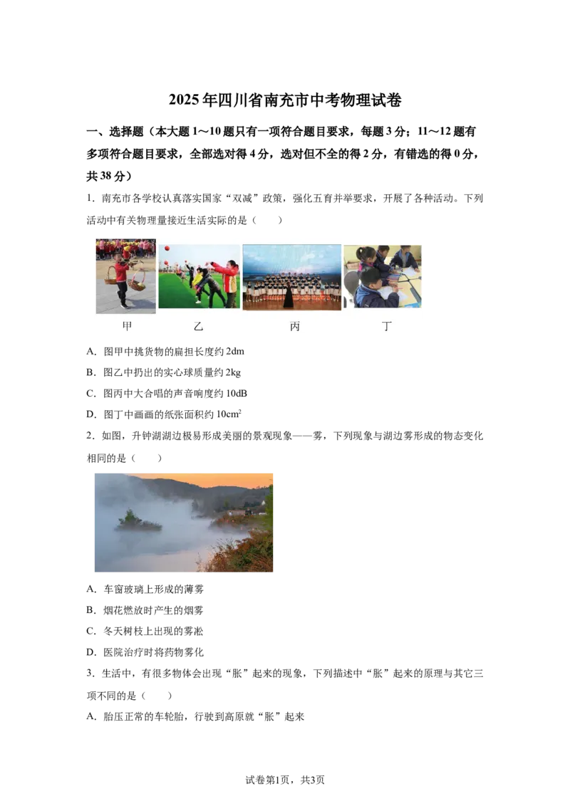 2025年四川省南充市中考物理试题_4.2015-2025年中考物理_4.2025各省市物理_四川