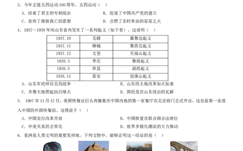 山东省淄博市2019年中考历史真题试题_6.2015-2025年中考历史_2.历史中考真题2015-2024年_2019年全国中考历史170份