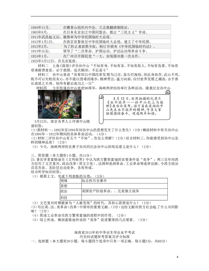 海南省2015年中考历史真题试题（含答案）_6.2015-2025年中考历史_2.历史中考真题2015-2024年_2015年全国中考历史99份