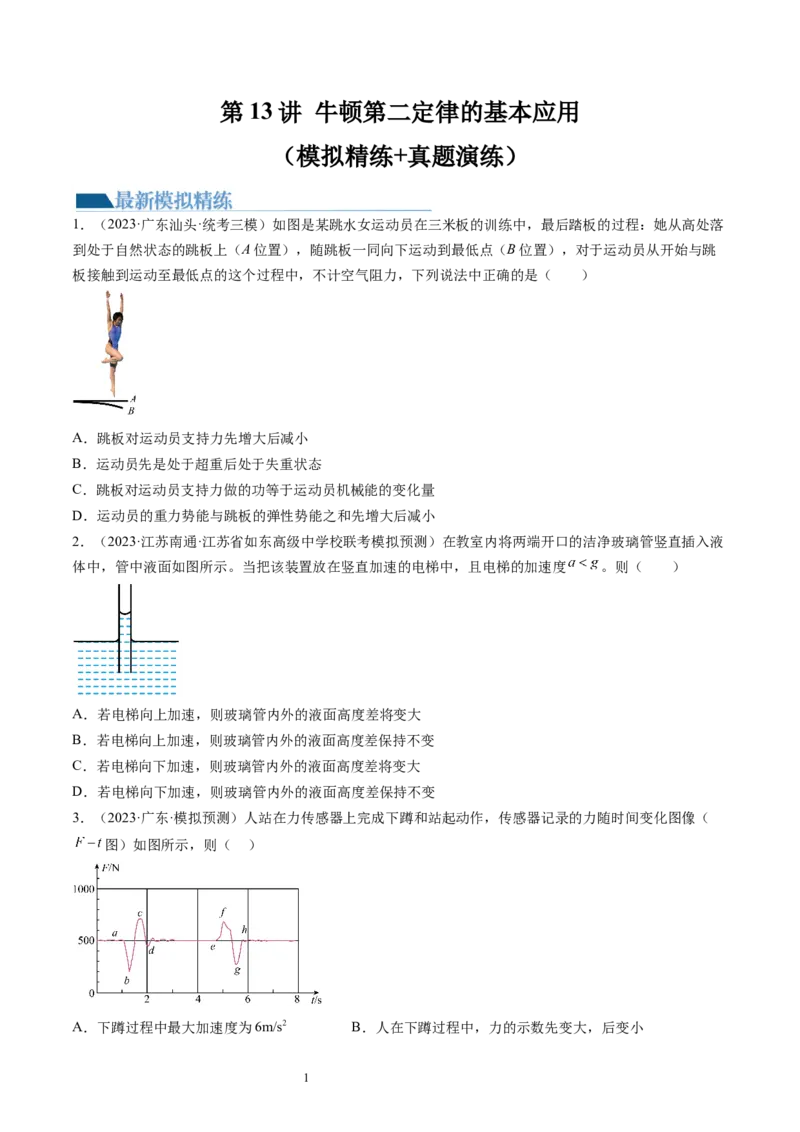 第13讲牛顿第二定律的基本应用（练习）（原卷版）_新高考复习资料_2024新高考复习资料_一轮复习资料_2024年高考物理一轮复习讲练测（讲义+练习+课件）（新高考）_讲义+练习
