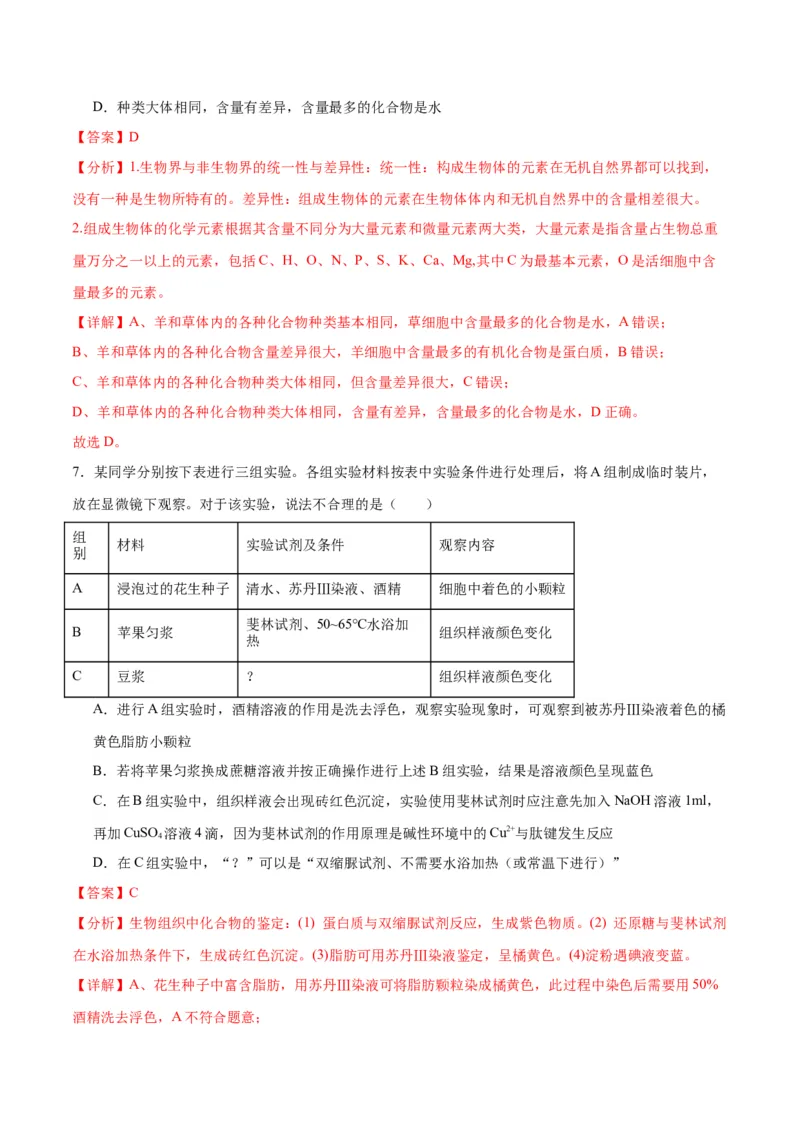 专题2细胞中的元素和化合物（解析版)_2024年新高考资料_3.2024专项复习_备战2024年高考生物一轮复习重难点专项突破