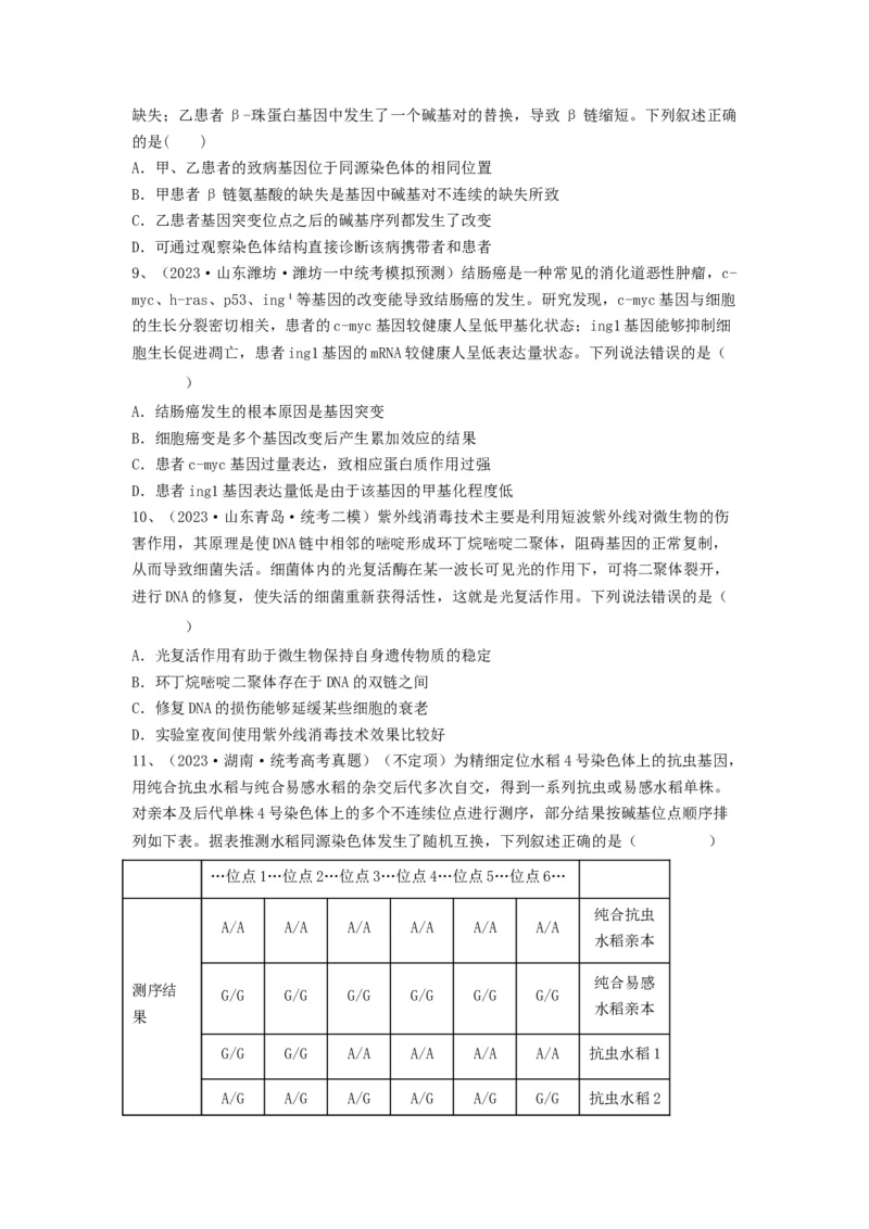 专题20基因突变和基因重组（精练）（原卷版）_2024年新高考资料_1.2024一轮复习_备战2024年高考生物一轮复习串讲精练（新高考专用）