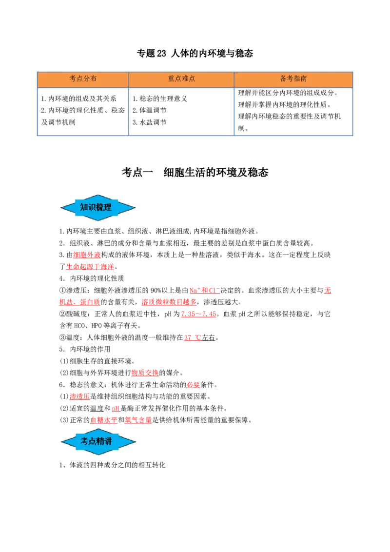 专题23人体的内环境与稳态（串讲）（解析版）_2024年新高考资料_1.2024一轮复习_备战2024年高考生物一轮复习串讲精练（新高考专用）