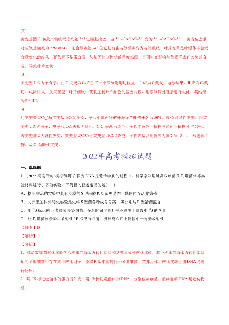 专题05遗传的分子基础-2022年高考真题和模拟题生物分专题训练（教师版含解析）_2024年新高考资料_1.2024一轮复习_赠2022年高考生物真题与模拟题分类