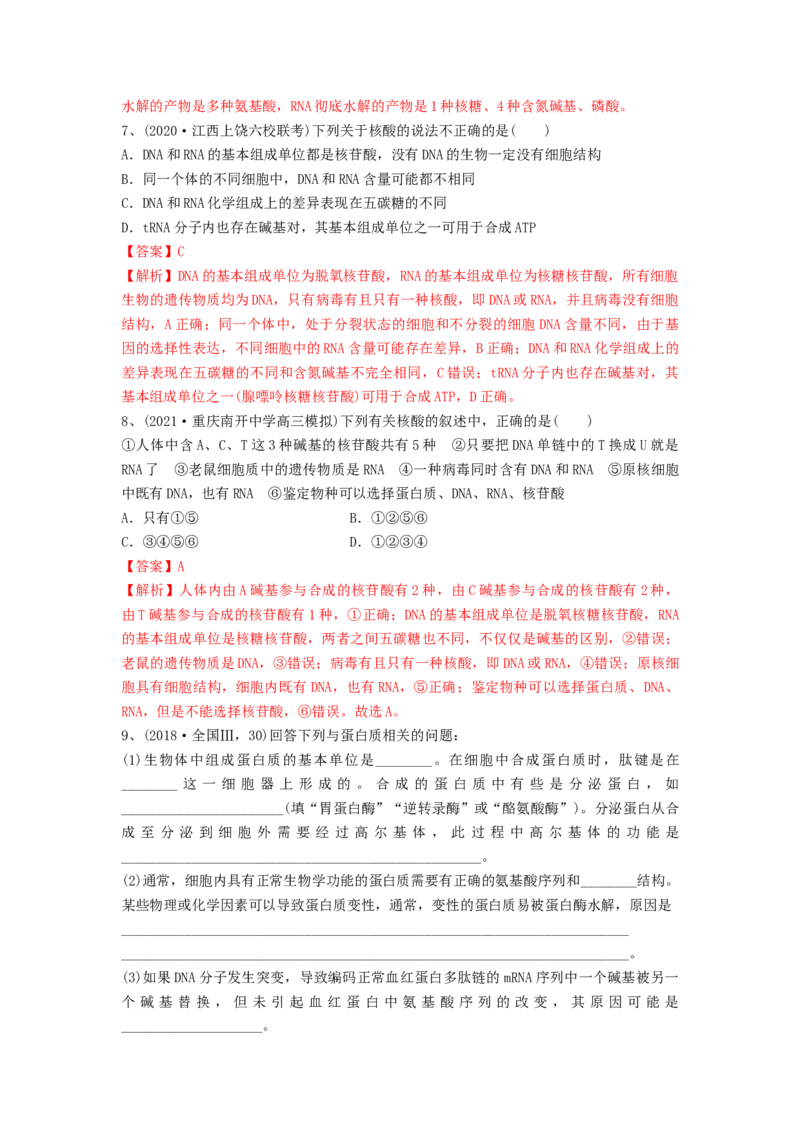 专题03蛋白质和核酸（精练）（解析版）_2024年新高考资料_1.2024一轮复习_备战2024年高考生物一轮复习串讲精练（新高考专用）