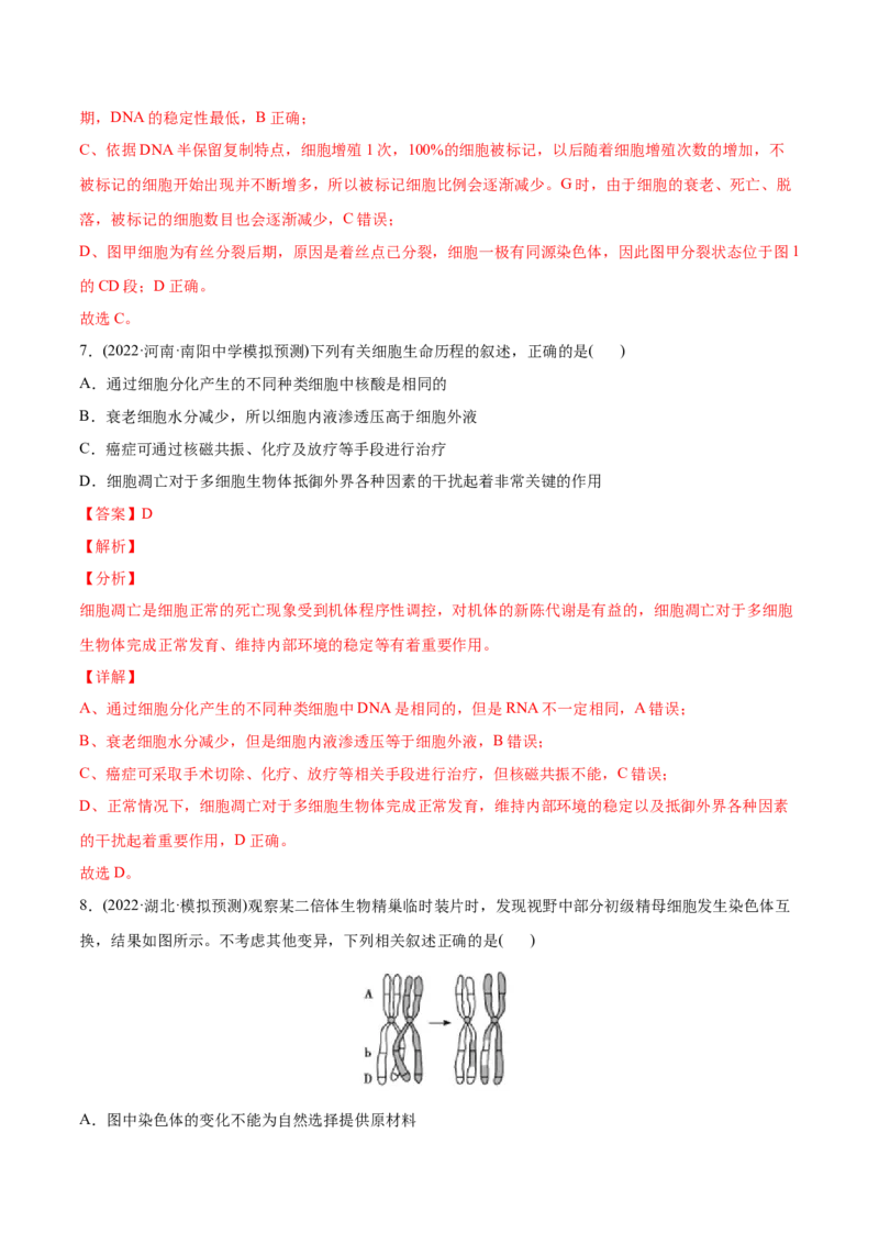 专题04细胞的生命历程（包括减数分裂）-2022年高考真题和模拟题生物分专题训练（教师版含解析）_2024年新高考资料_1.2024一轮复习_赠2022年高考生物真题与模拟题分类