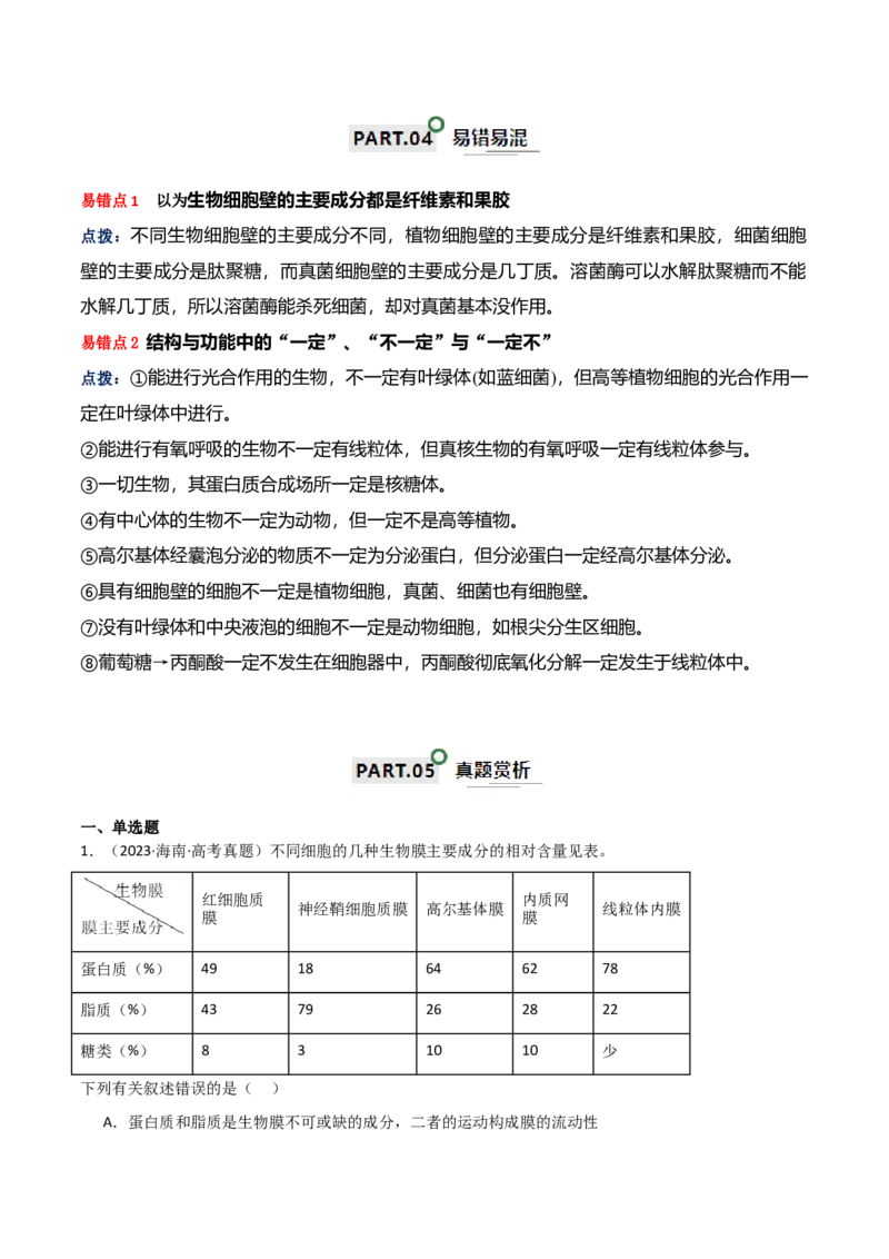 宝典02细胞的结构和功能（3考点+2易错点）（原卷版）_2024年新高考资料_1.2024一轮复习_2024年高考生物一轮复习知识清单