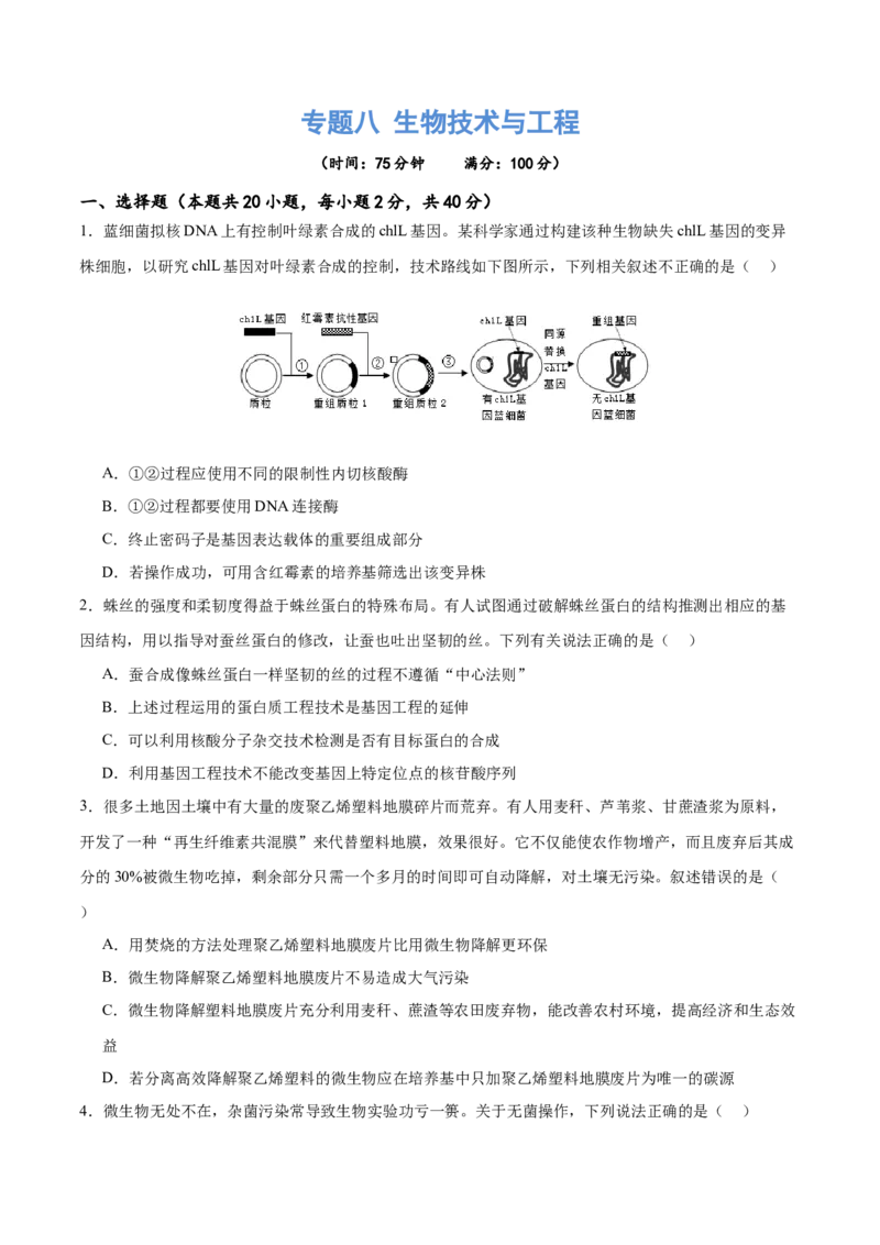 专题八生物技术与工程（测试）（原卷版）_2024年新高考资料_2.2024二轮复习_2024年高考生物二轮复习讲练测（新教材新高考）