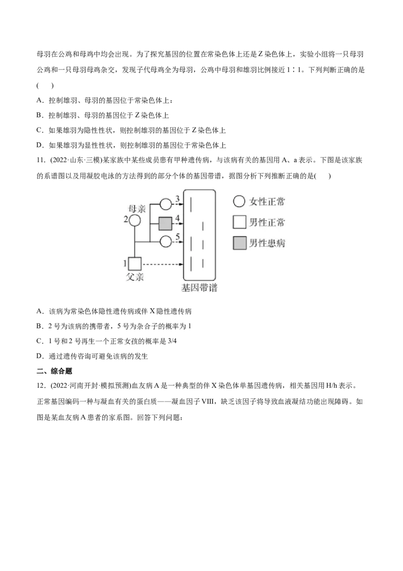 专题07伴性遗传和人类遗传病-2022年高考真题和模拟题生物分专题训练（学生版）_2024年新高考资料_1.2024一轮复习_赠2022年高考生物真题与模拟题分类