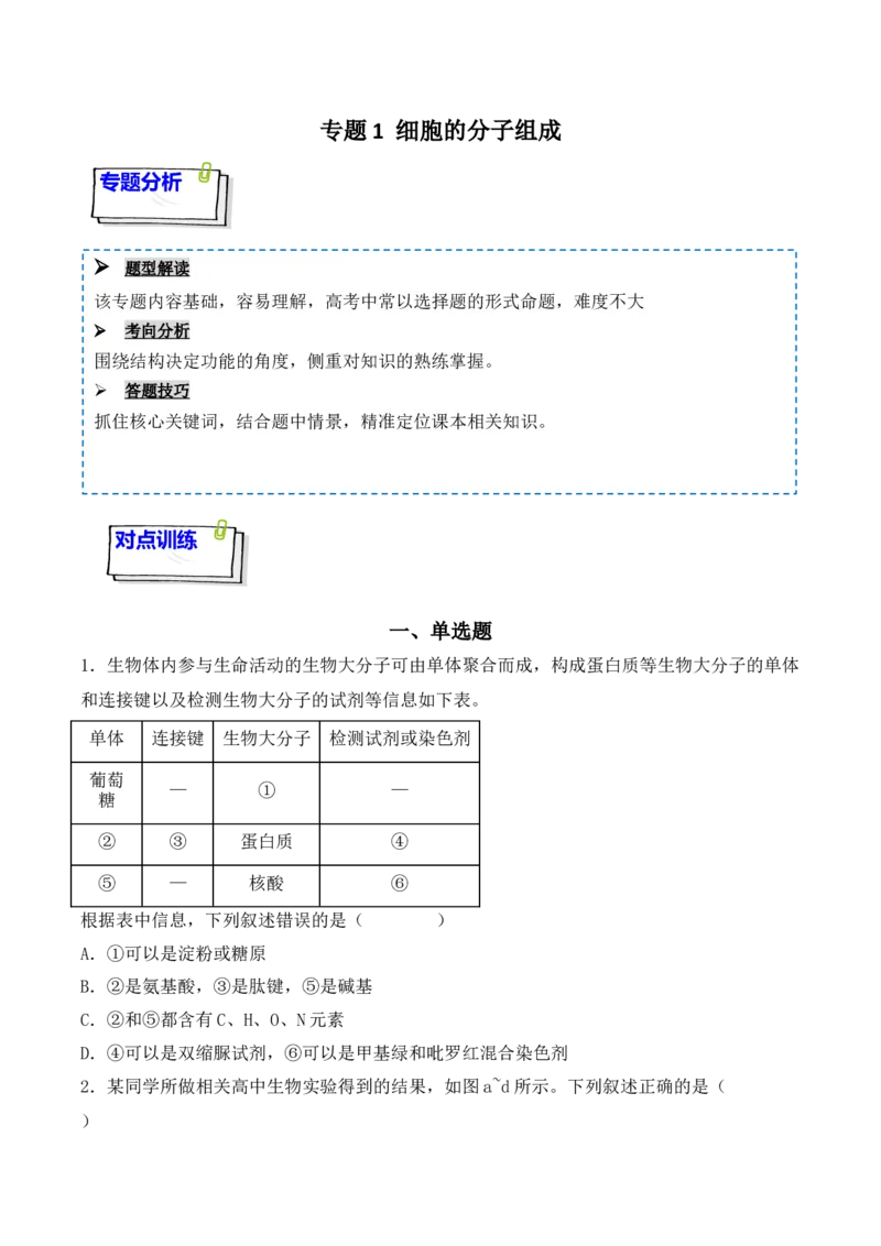 专题01细胞的分子组成（原卷版）_2024年新高考资料_3.2024专项复习_备战2024年高考生物一轮复习重难点突破讲解与训练（新教材）