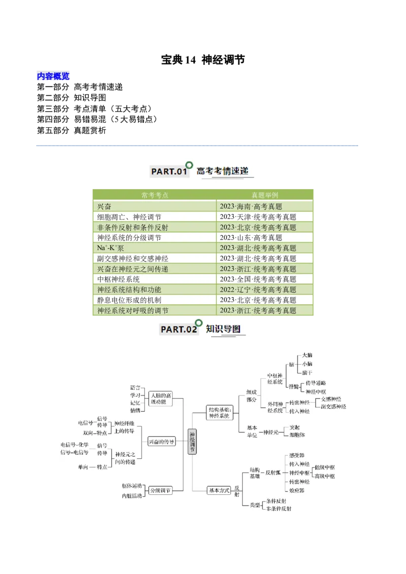 宝典14神经调节（解析版）_2024年新高考资料_1.2024一轮复习_2024年高考生物一轮复习知识清单