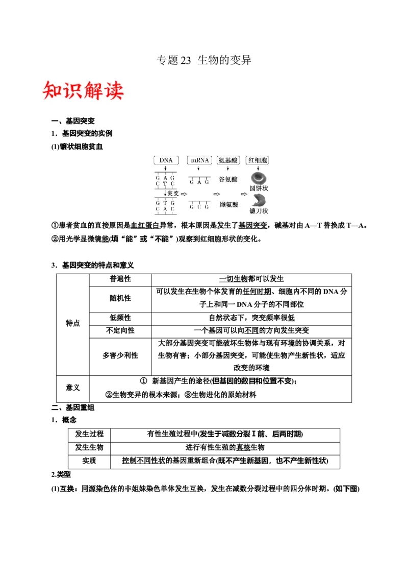 专题23生物的变异（原卷版)_2024年新高考资料_3.2024专项复习_备战2024年高考生物一轮复习重难点专项突破_专题23生物的变异-备战2024年高考生物一轮复习重难点专项突破