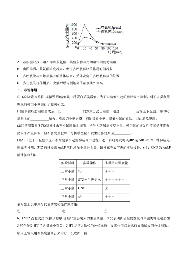 专题09动物生命活动的调节-2022年高考真题和模拟题生物分专题训练（学生版）_2024年新高考资料_1.2024一轮复习_赠2022年高考生物真题与模拟题分类