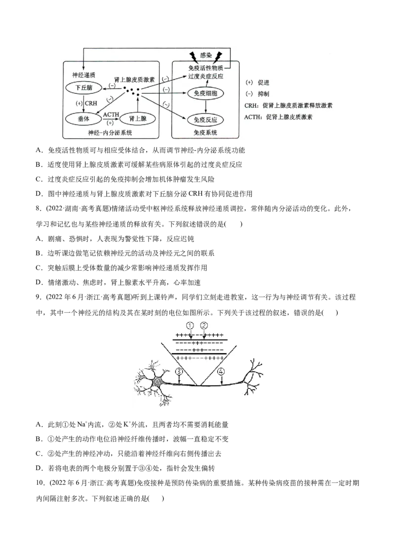 专题09动物生命活动的调节-2022年高考真题和模拟题生物分专题训练（学生版）_2024年新高考资料_1.2024一轮复习_赠2022年高考生物真题与模拟题分类