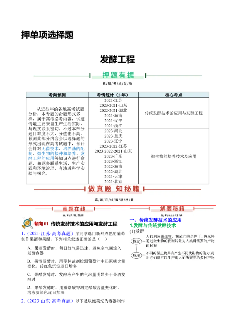 押新高考卷发酵工程（原卷版）-备战2024年高考生物临考题号押题（新高考通用）(1)_2024年新高考资料_5.2024三轮冲刺_备战2024年高考生物临考题号押题（新高考通用）322745222
