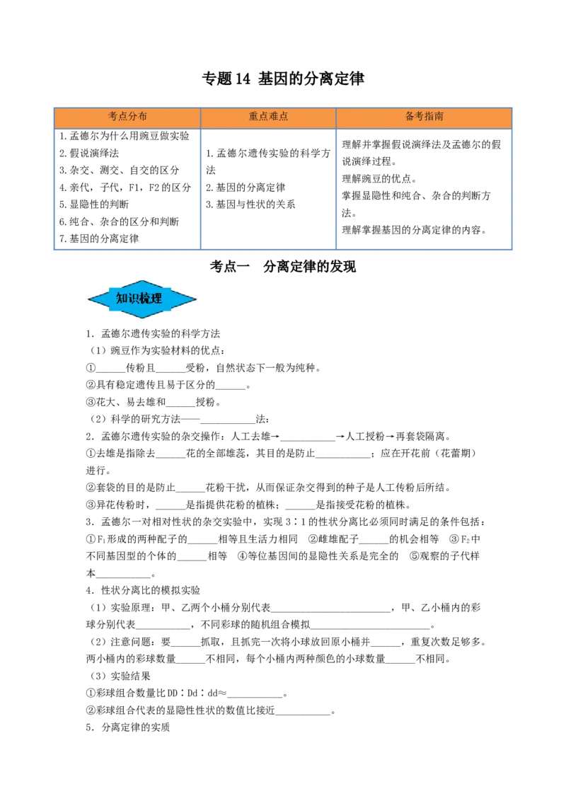专题14基因的分离定律（串讲）（原卷版）_2024年新高考资料_1.2024一轮复习_备战2024年高考生物一轮复习串讲精练（新高考专用）