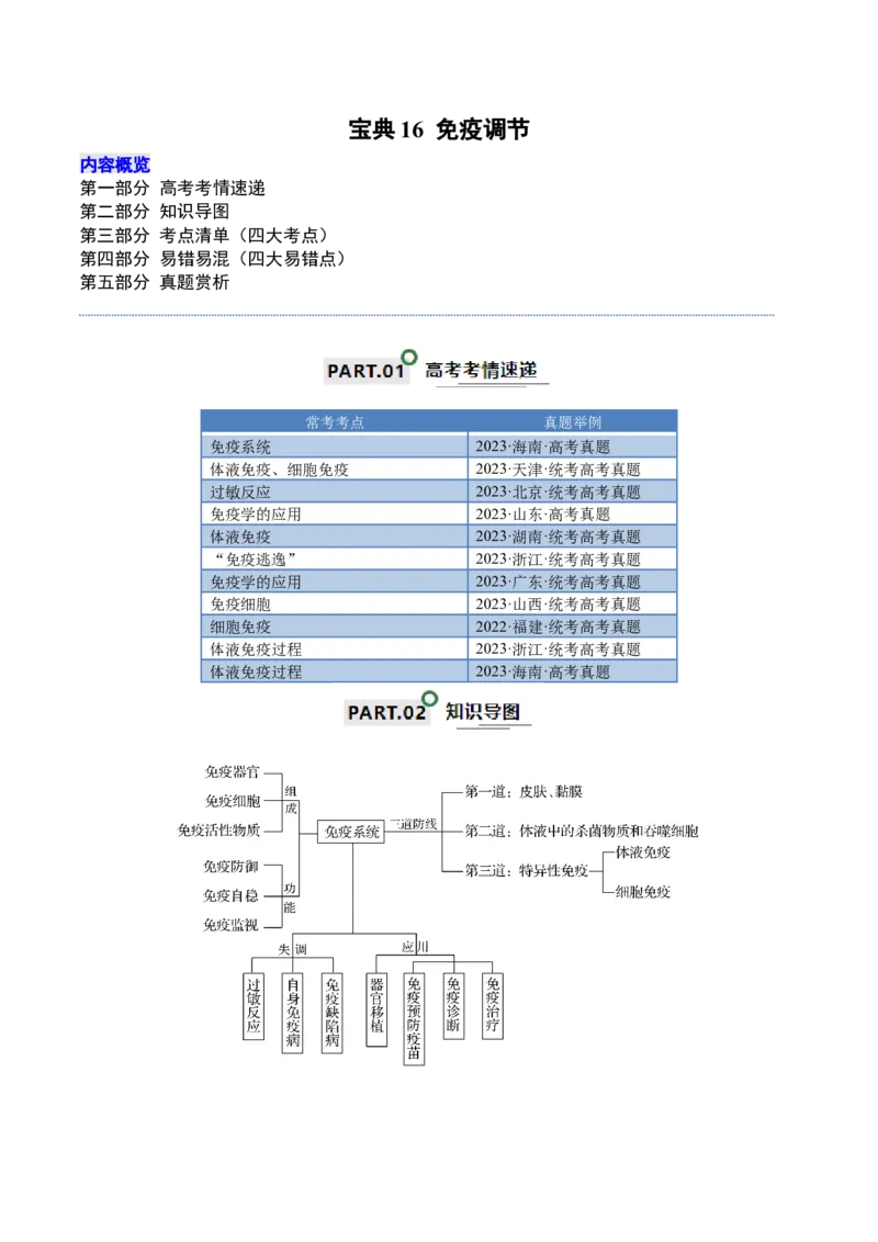 宝典16免疫调节（解析版）_2024年新高考资料_1.2024一轮复习_2024年高考生物一轮复习知识清单