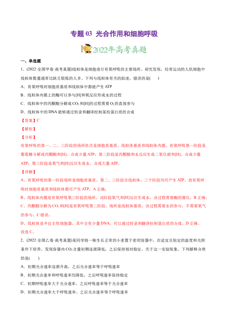 专题03光合作用和细胞呼吸-2022年高考真题和模拟题生物分专题训练（教师版含解析）_2024年新高考资料_1.2024一轮复习_赠2022年高考生物真题与模拟题分类